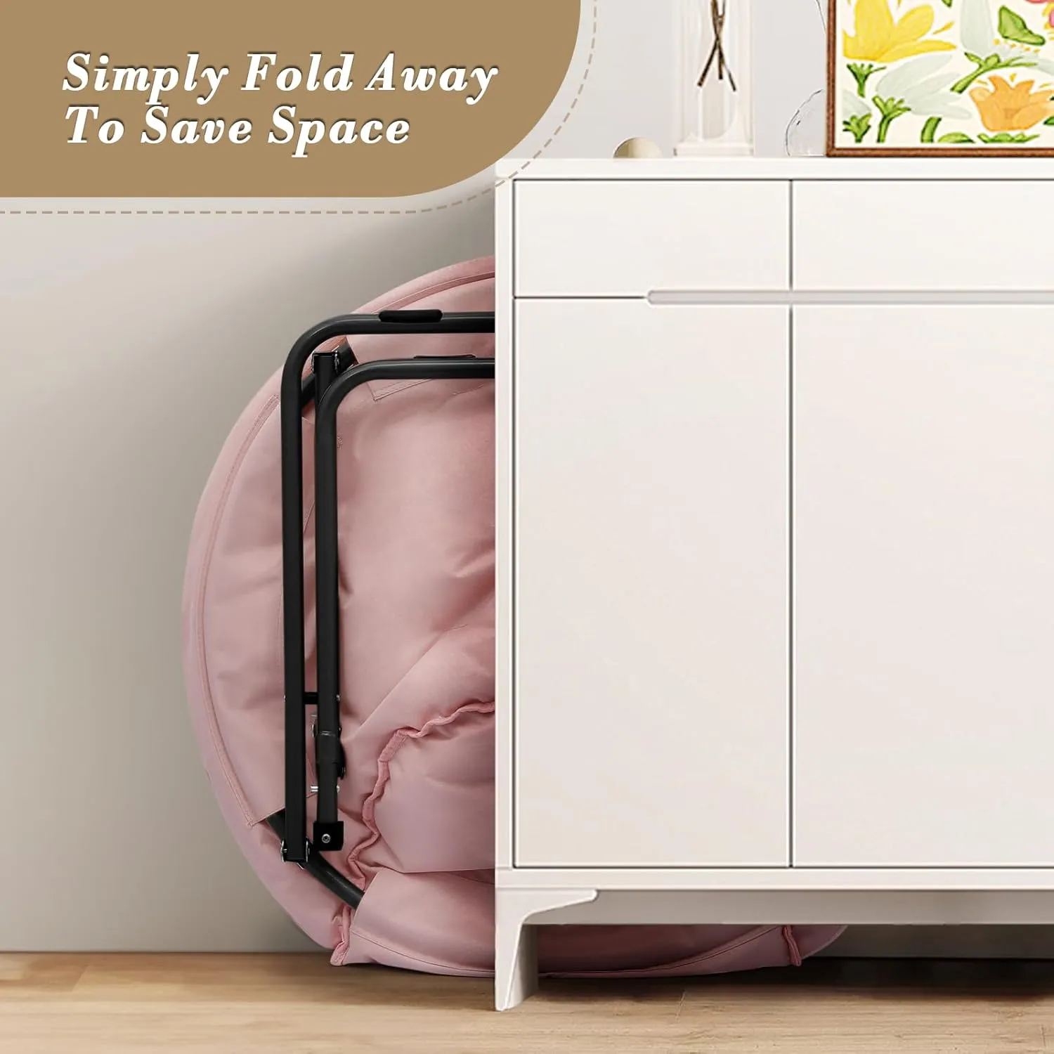 Athena Collection Comfy Saucer Chair, Folding Round Cozy for Bedroom Living Room, Faux Fur Reading, Foldable Metal Frame Oversized Padded Lazy Moon for Adult, Pink