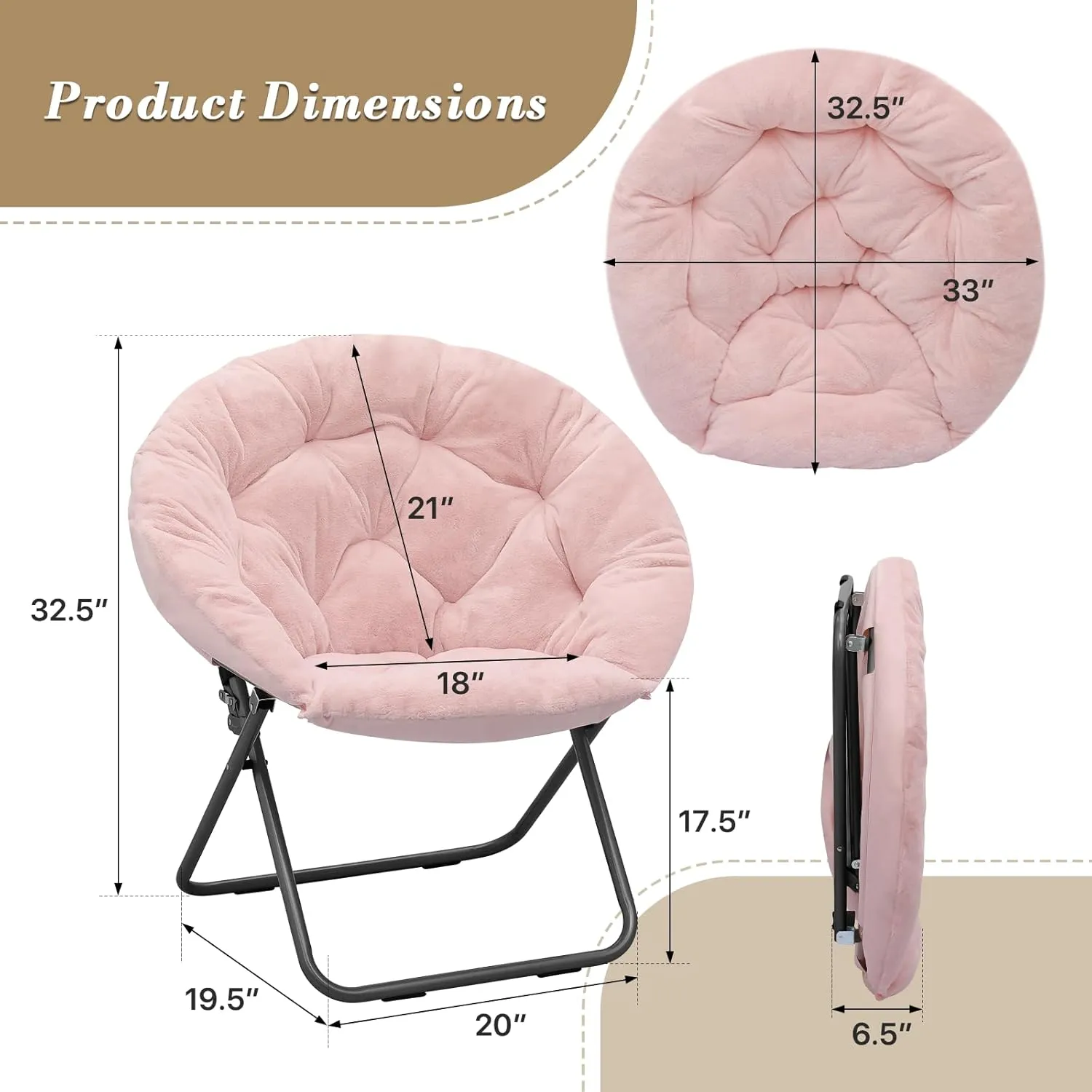 Athena Collection Comfy Saucer Chair, Folding Round Cozy for Bedroom Living Room, Faux Fur Reading, Foldable Metal Frame Oversized Padded Lazy Moon for Adult, Pink