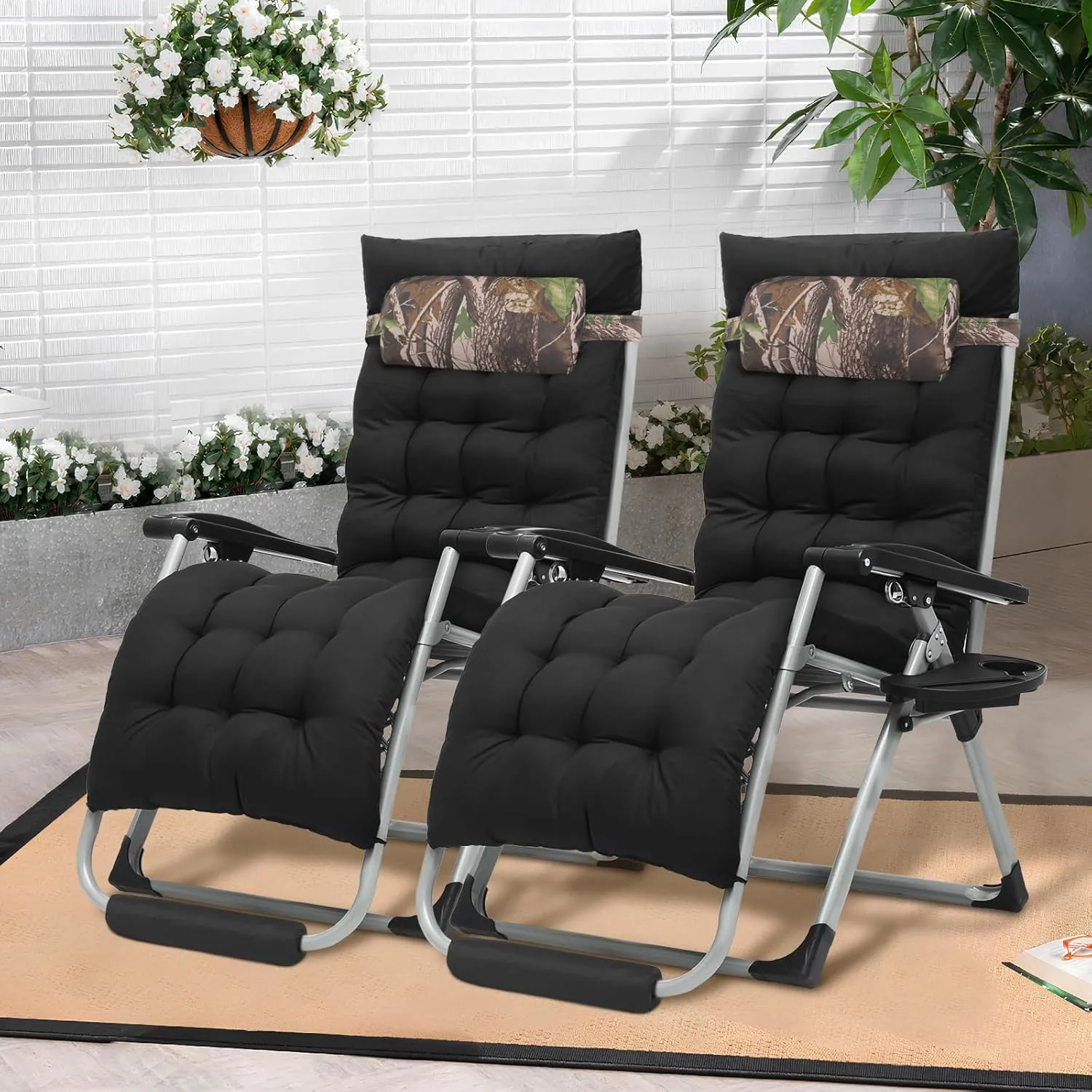 Athena Collection Zero Gravity Outdoor Lounge Chair Set of 2 with Cushion, 29" Width Pool Lounge Lawn Chairs Reclining with Cup Holder Foot Pad, Outdoor Chaise for Patio Beach Outside, Jungle
