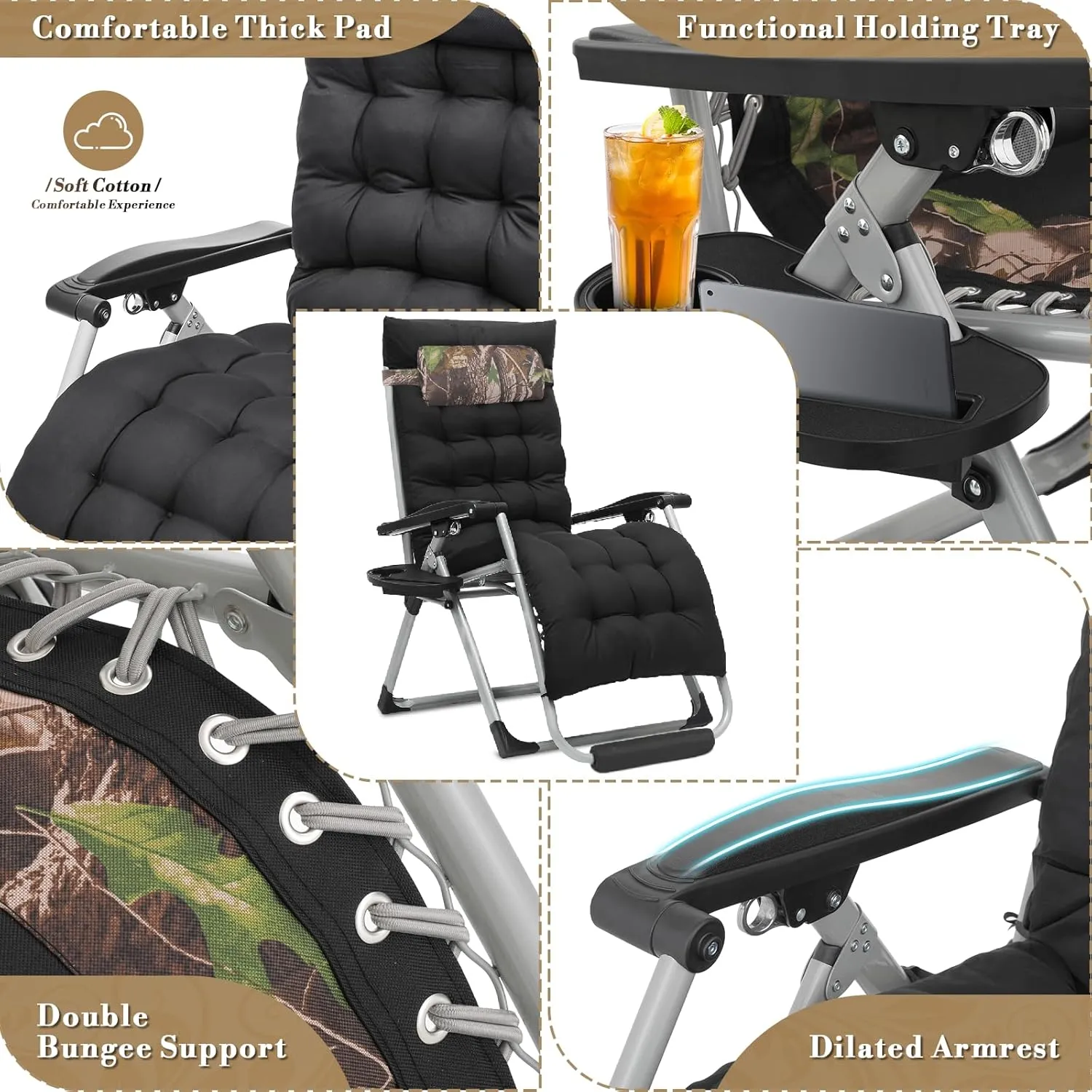 Athena Collection Zero Gravity Outdoor Lounge Chair Set of 2 with Cushion, 29" Width Pool Lounge Lawn Chairs Reclining with Cup Holder Foot Pad, Outdoor Chaise for Patio Beach Outside, Jungle