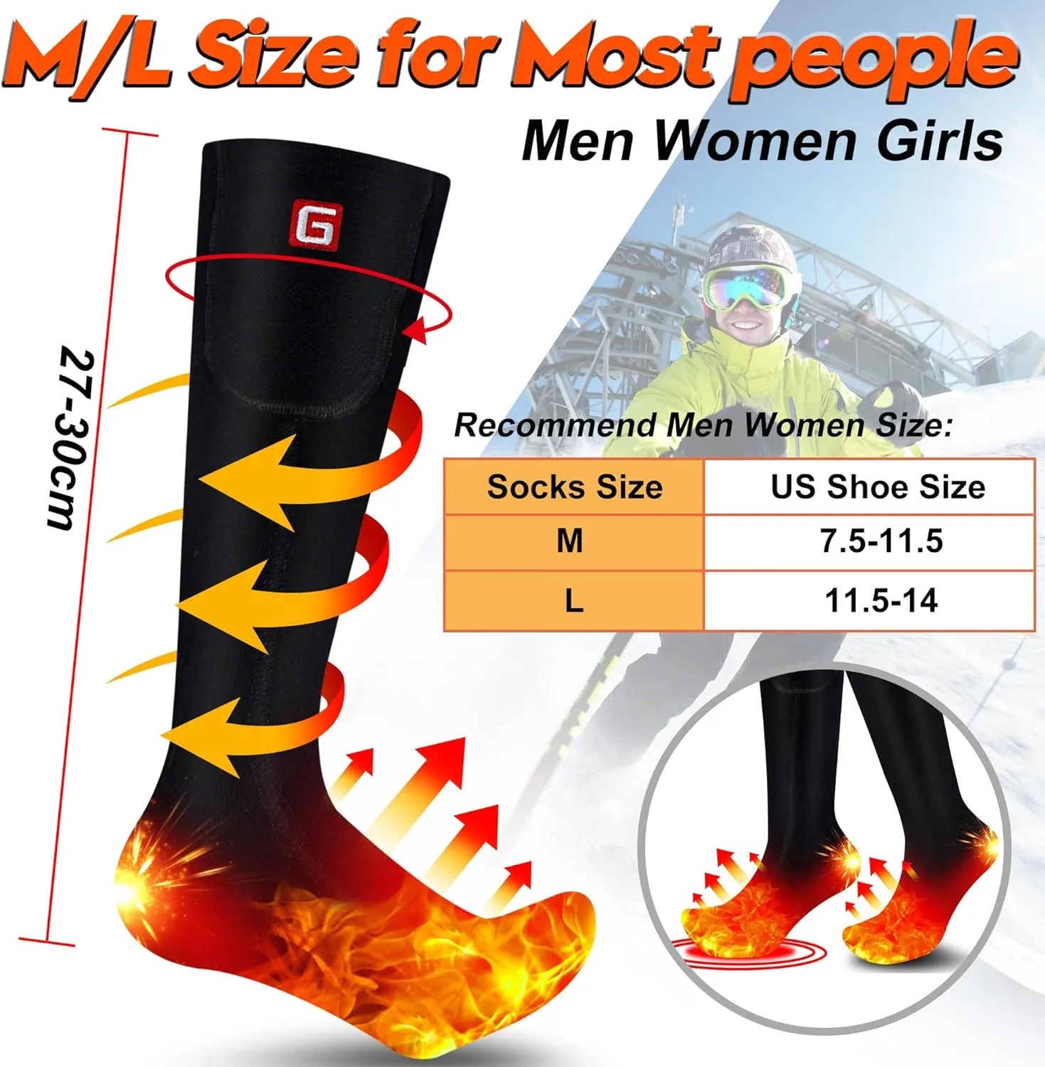 Autocastle Electric Battery Heated Socks Rechargeable Battery Powered Heating Sox Cold Weather Heat Socks for Men Women Outdoor Ride Camp Hike Warm Winter Socks Motorcycle Ski Thermo Foot Warmer Socks
