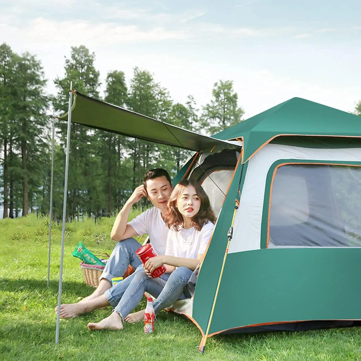 Automatic Dome Tent Canopy, Instant Pop Up Waterproof Tent, 3-8 Person Family Camping Tent for Camping Hiking Travel Outdoor Activities (Green a Width 210cm) (Blue Width 210cm)