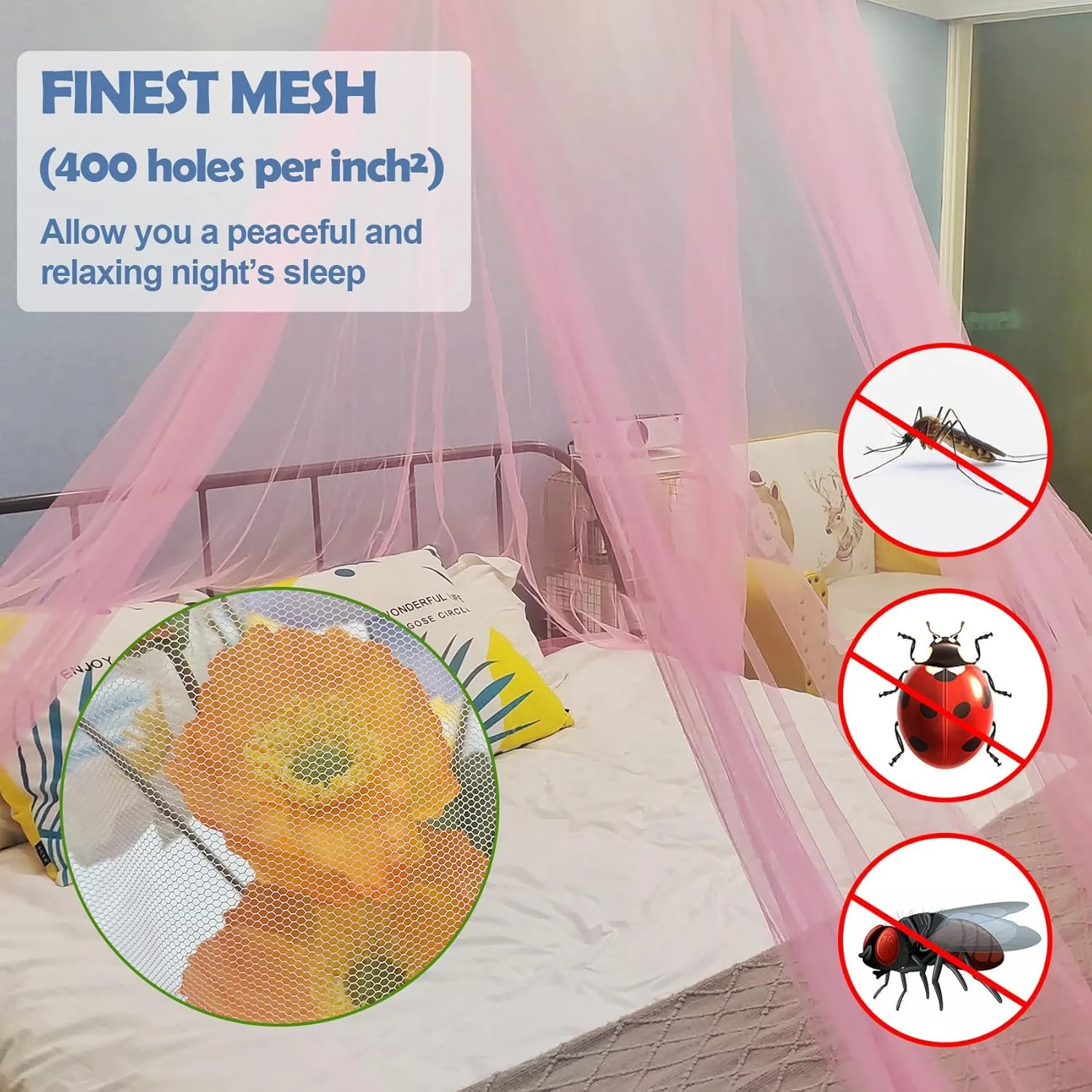 Aventik EDSRDLUZ 400 Fine Meshes Luxury Mosquito Net for Queen to King-Sized Beds, 2 Side Openings, Insect Bug Protection Bed Canopy Ideal for Home Travel, Free Bag, Hanging Kit for Easy Setup