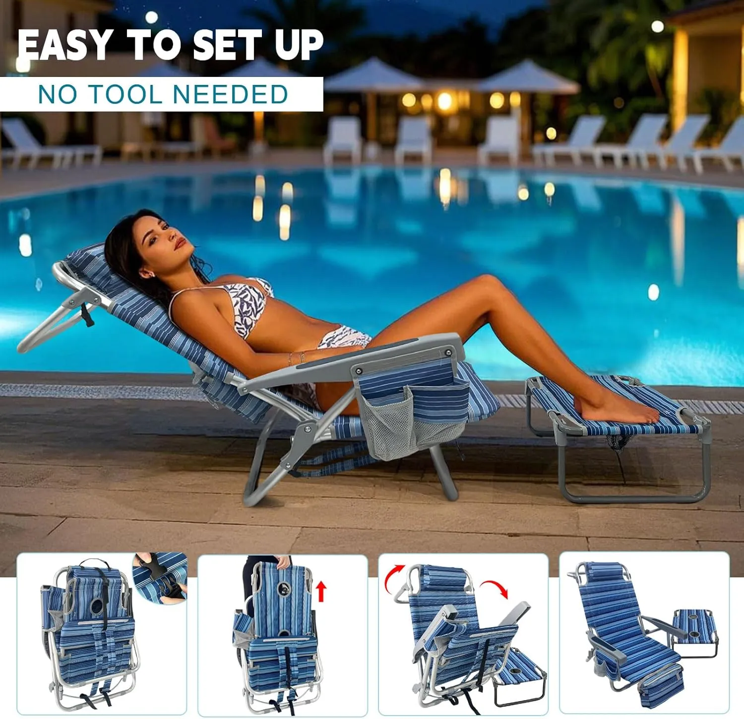 Backpack Beach Chair Aluminum 2 Pack with Folding Camping Table 5-Position Lay Flat Lounge Chair Outdoor for Adults with Insulated Cooler Bag and Cup Holder