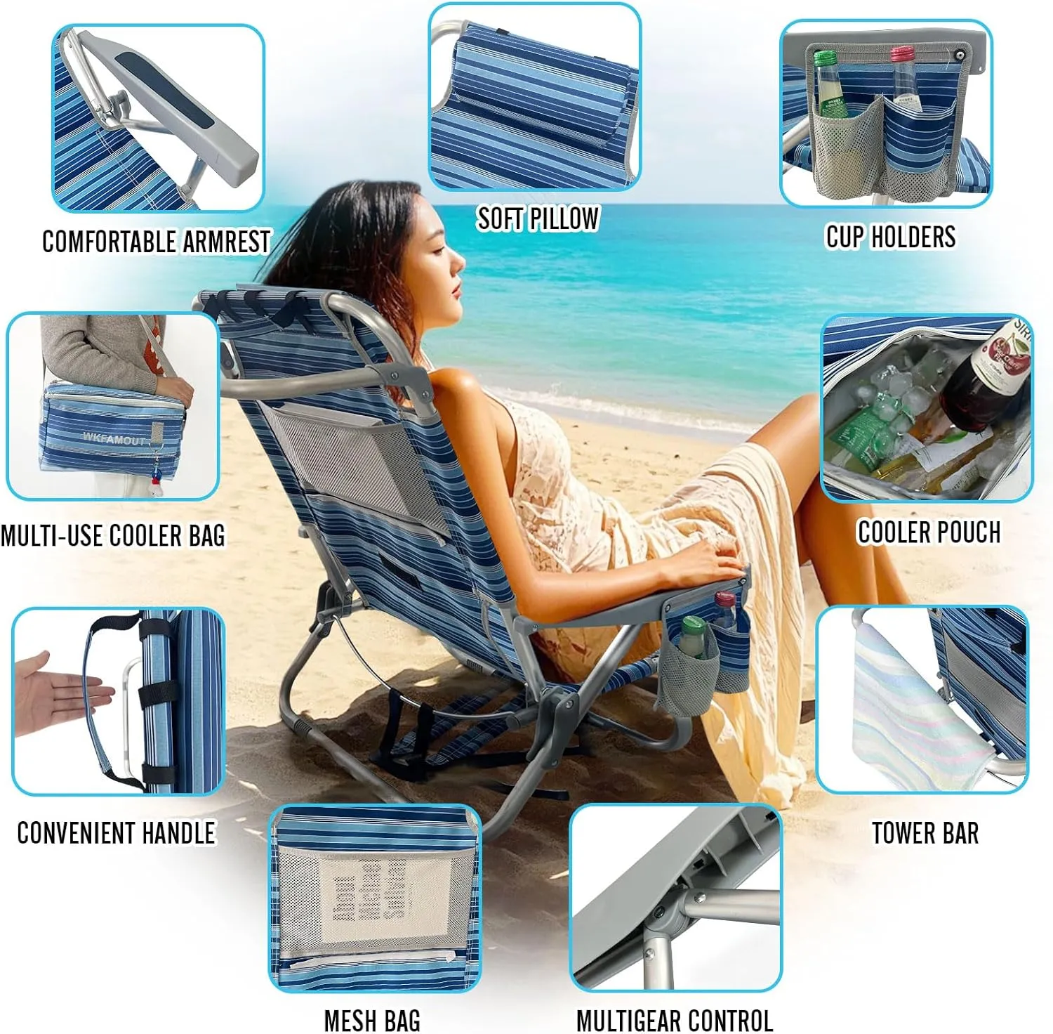 Backpack Beach Chair Aluminum 2 Pack with Folding Camping Table 5-Position Lay Flat Lounge Chair Outdoor for Adults with Insulated Cooler Bag and Cup Holder