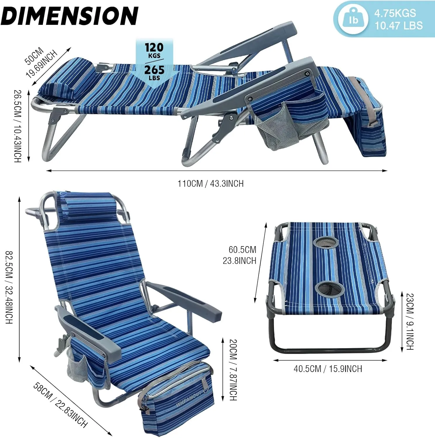 Backpack Beach Chair Aluminum 2 Pack with Folding Camping Table 5-Position Lay Flat Lounge Chair Outdoor for Adults with Insulated Cooler Bag and Cup Holder