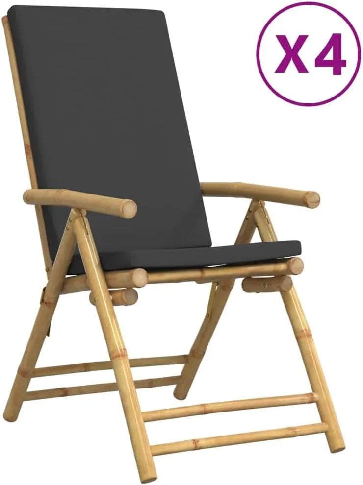 Backyard Chairs Beach Chair Outdoor Chairs Kitchen Chairs - 4 Piece Folding Patio Reclining Chairs with Dark Gray Cushions Bamboo for Beaches Outside Terrace Park