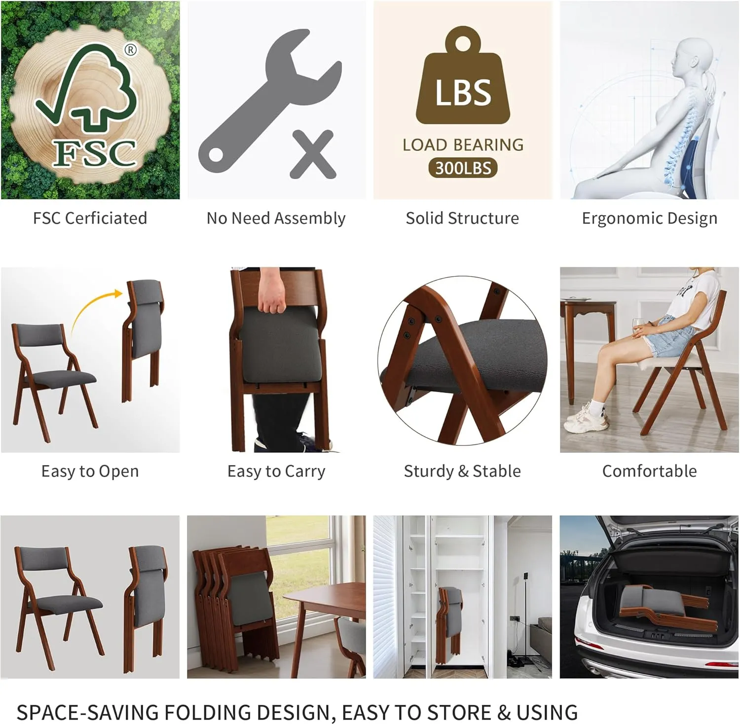 Ball & Cast Upholstered Folding Dining Chairs Set of 2, Foldable Wooden Chair 2-Pack, Portable Office-Chair for Kitchen Outdoor Activity, Easy Carry & Storage, Cherry Dark Grey