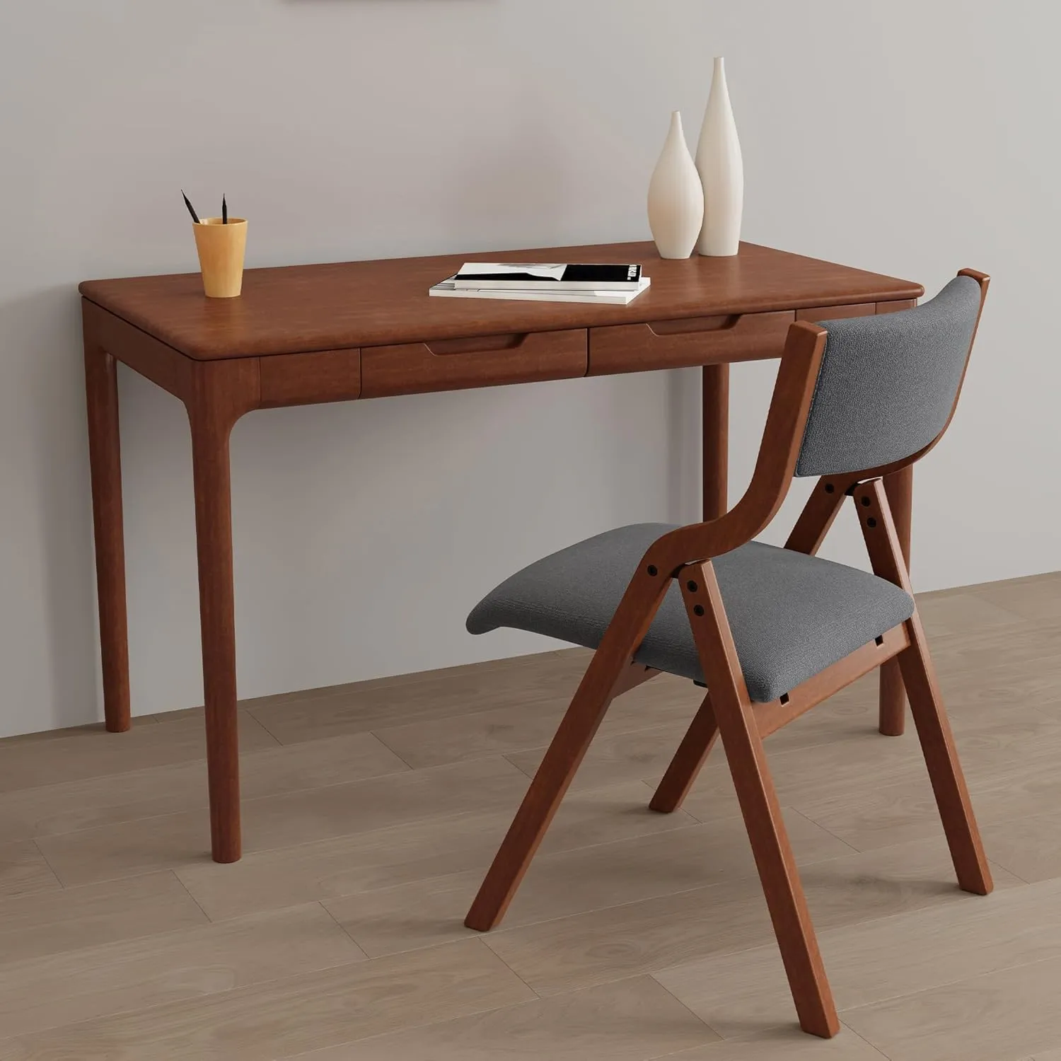 Ball & Cast Upholstered Folding Dining Chairs Set of 2, Foldable Wooden Chair 2-Pack, Portable Office-Chair for Kitchen Outdoor Activity, Easy Carry & Storage, Cherry Dark Grey