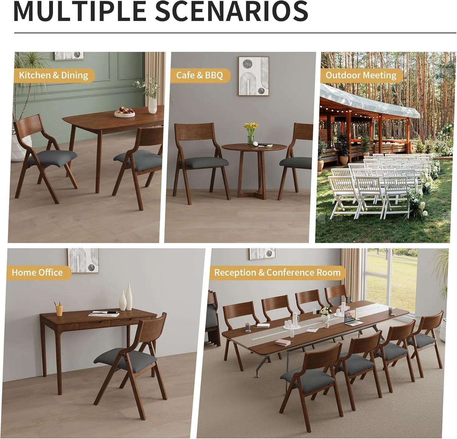 Ball & Cast Upholstered Folding Dining Chairs Set of 2, Foldable Wooden Chair 2-Pack, Portable Office-Chair for Kitchen Outdoor Activity, Easy Carry & Storage, Walnut Grey