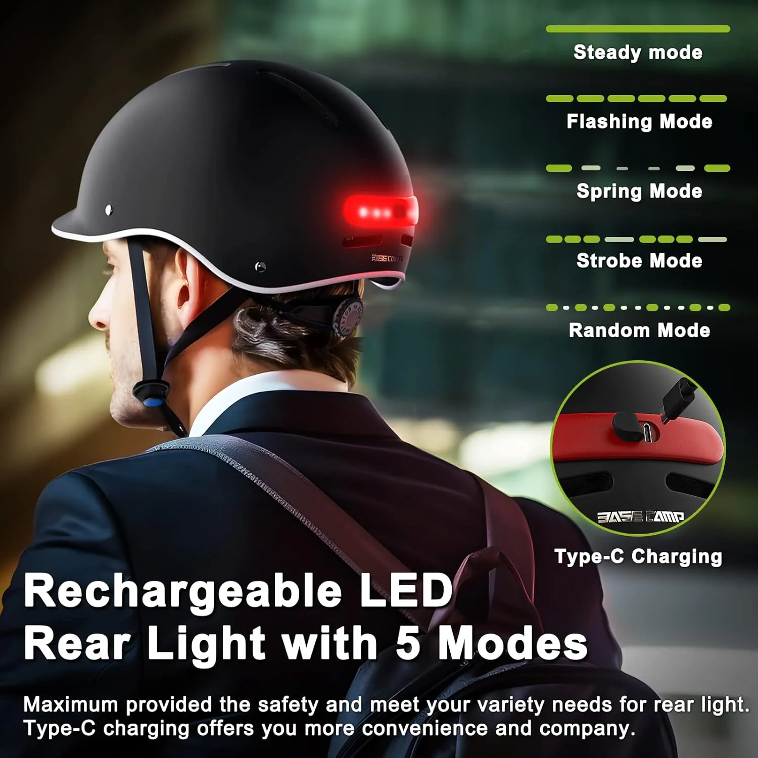 BASE CAMP BC-019 Adult Bike Helmets with Rechargeable Rear Light for Men & Women, Safety Certified Adjustable Urban Stylish Bicycle Helmet for Commuting, Skateboard, Scooter, Ebike