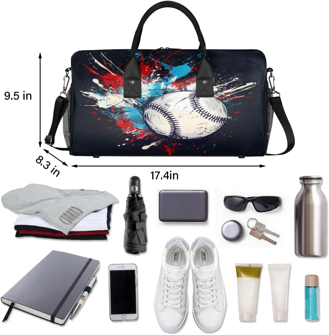 Baseball Travel Duffle Bag for Women Men Foldable Waterproof Weekender Bag Carry on Tote for Overnight Sports Gym Baseball Black