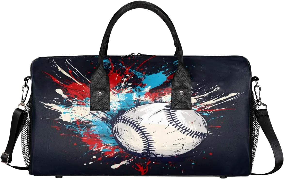 Baseball Travel Duffle Bag for Women Men Foldable Waterproof Weekender Bag Carry on Tote for Overnight Sports Gym Baseball Black