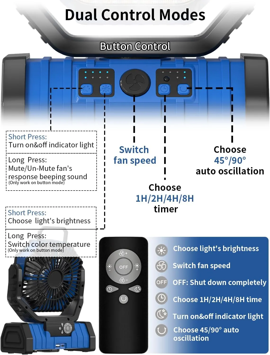 Battery Operated Powered Portable Camping Tent Fan with LED Lantern Light 20000mAh Rechargeable, Oscillating, 360° Rotating Hanging Hook, Cordless Fan for Outdoor Bedroom, Office(Blue)