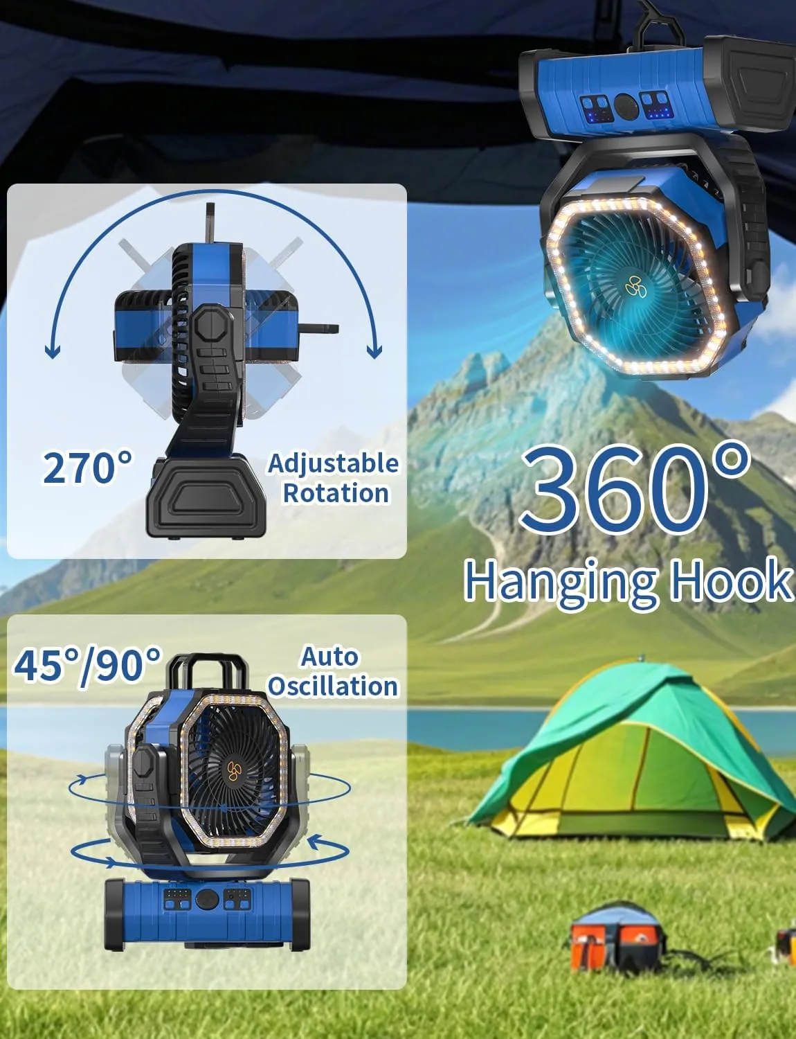 Battery Operated Powered Portable Camping Tent Fan with LED Lantern Light 20000mAh Rechargeable, Oscillating, 360° Rotating Hanging Hook, Cordless Fan for Outdoor Bedroom, Office(Blue)
