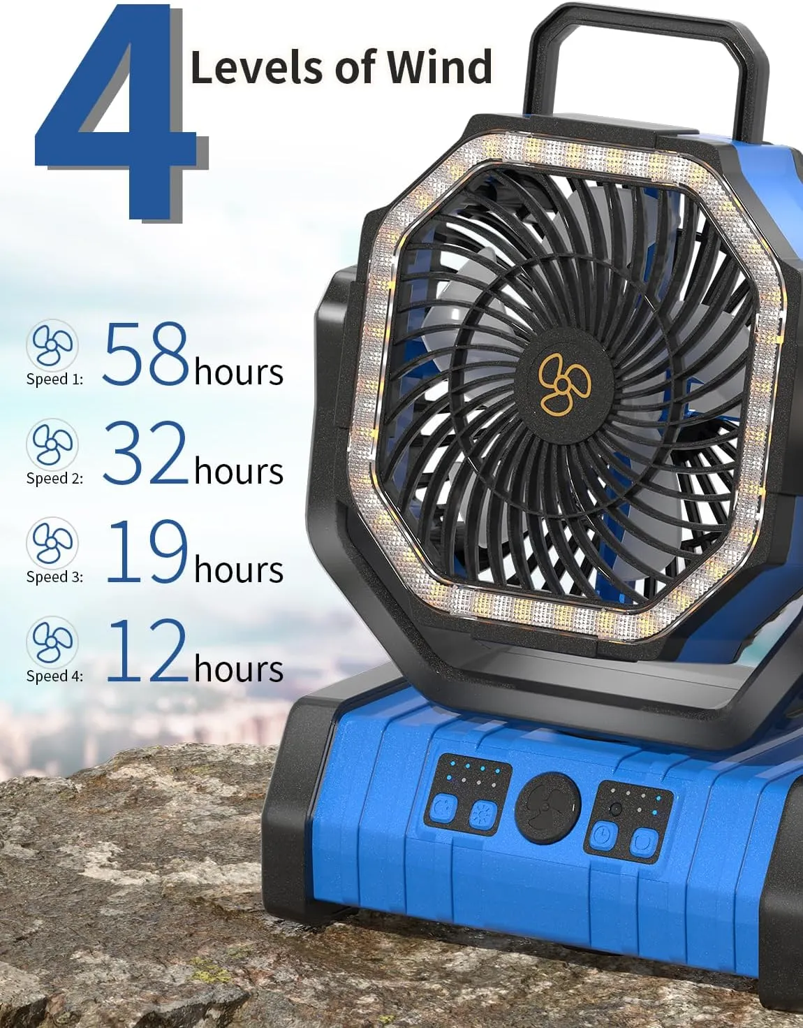 Battery Operated Powered Portable Camping Tent Fan with LED Lantern Light 20000mAh Rechargeable, Oscillating, 360° Rotating Hanging Hook, Cordless Fan for Outdoor Bedroom, Office(Blue)