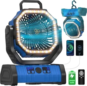 Battery Operated Powered Portable Camping Tent Fan with LED Lantern Light 20000mAh Rechargeable, Oscillating, 360° Rotating Hanging Hook, Cordless Fan for Outdoor Bedroom, Office(Blue)