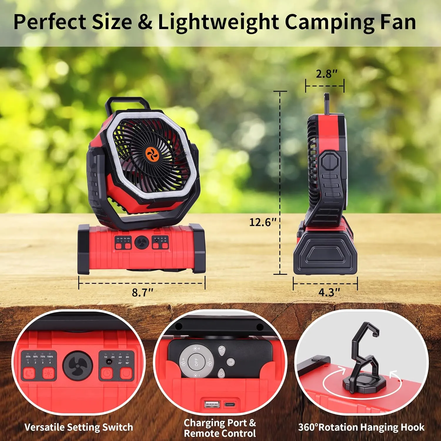Battery Powered Fan Portable,20000mAh Rechargeable Camping Fan with LED Lantern,Auto-Oscillating USB Personal Battery Operated Fans Portable for Tens & Hanging Hook (Red)