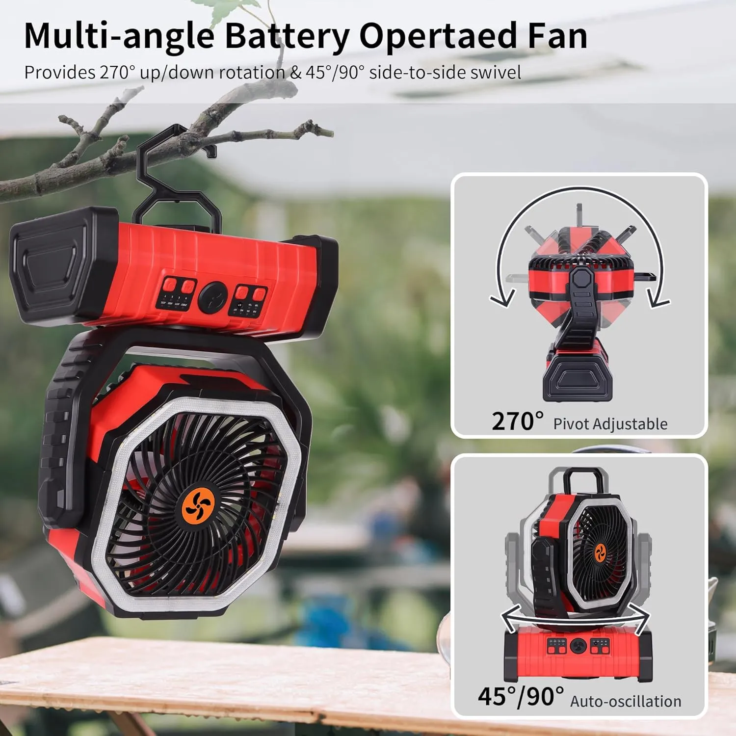 Battery Powered Fan Portable,20000mAh Rechargeable Camping Fan with LED Lantern,Auto-Oscillating USB Personal Battery Operated Fans Portable for Tens & Hanging Hook (Red)