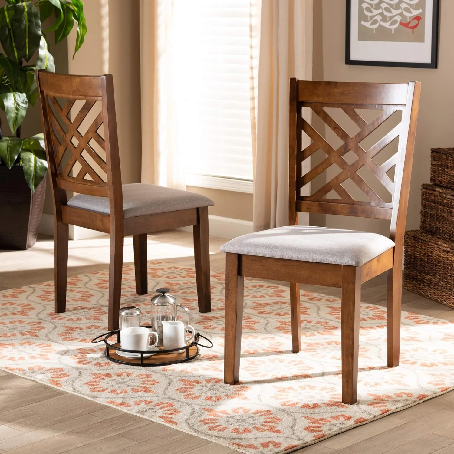 Baxton Studio Caron 2-Piece Dining Chair Set - Grey Fabric Upholstered With Walnut Brown Finished Wood