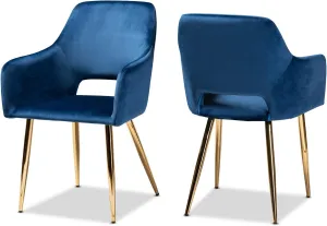Baxton Studio Germaine Glam and Luxe Navy Blue Velvet Fabric Upholstered Gold Finished 2-Piece Metal Dining Chair Set