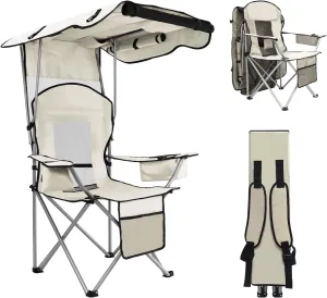 BDL Camping Chair with Canopy Shade Portable Folding Beach Chairs with Cooler, Mesh Backrest, Cup Holder, and Pocket for Camping, Fishing, Beach, and Sports