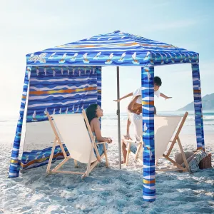 Beach Cabana, 6.2'×6.2' Beach Canopy with Side Wall, UPF 50  UV Protection Easy Setup Tent Sun Shelter with Sand Pockets for Whole Family(Summer Sailboat)