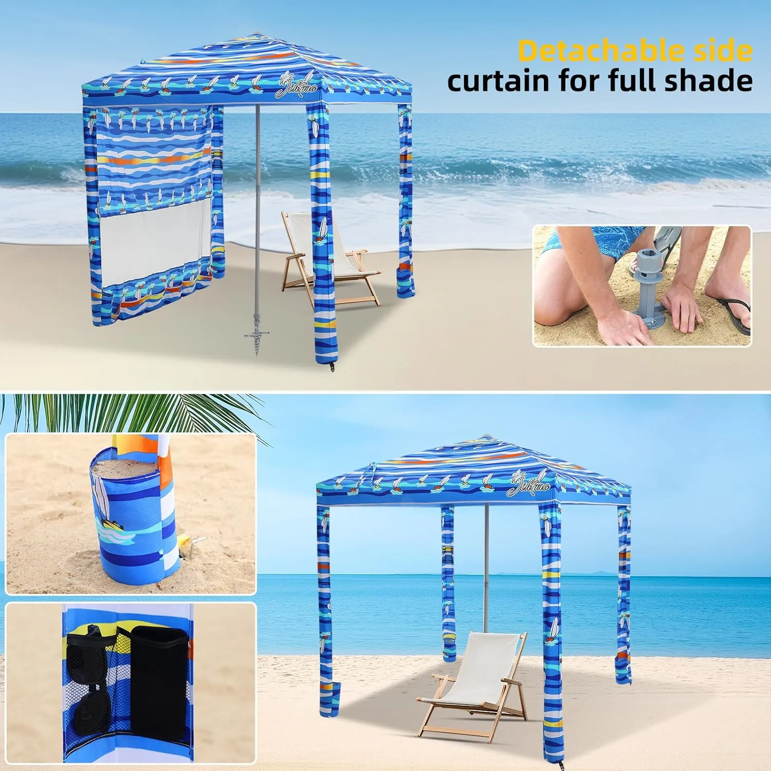 Beach Cabana, 6.2'×6.2' Beach Canopy with Side Wall, UPF 50  UV Protection Easy Setup Tent Sun Shelter with Sand Pockets for Whole Family(Summer Sailboat)