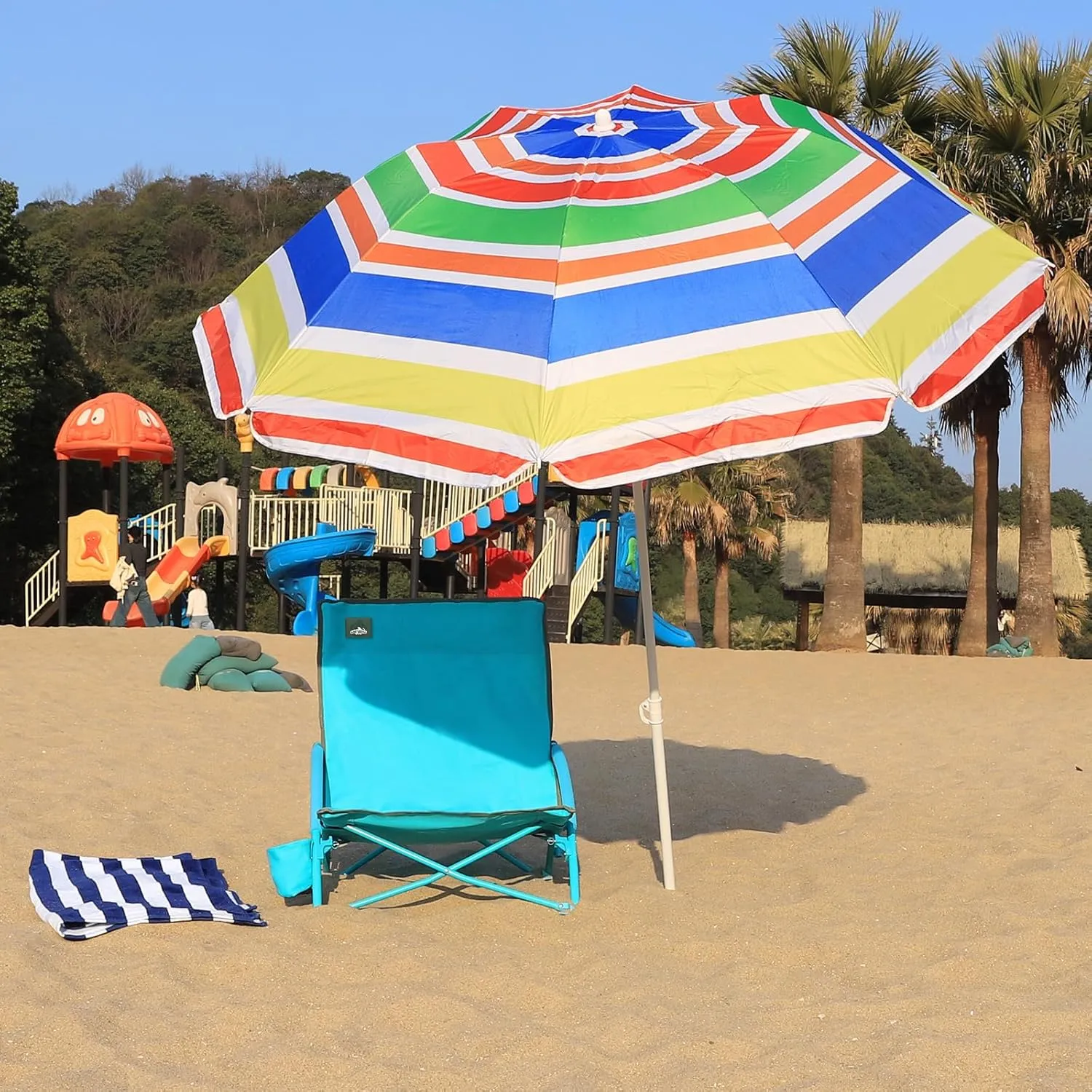Beach Folding Chair Sets, with 1 Umbrella, Outdoor Low Seat Camping Chair, Beach Towel for Sand Camping Travel Outdoor Pool, Blue