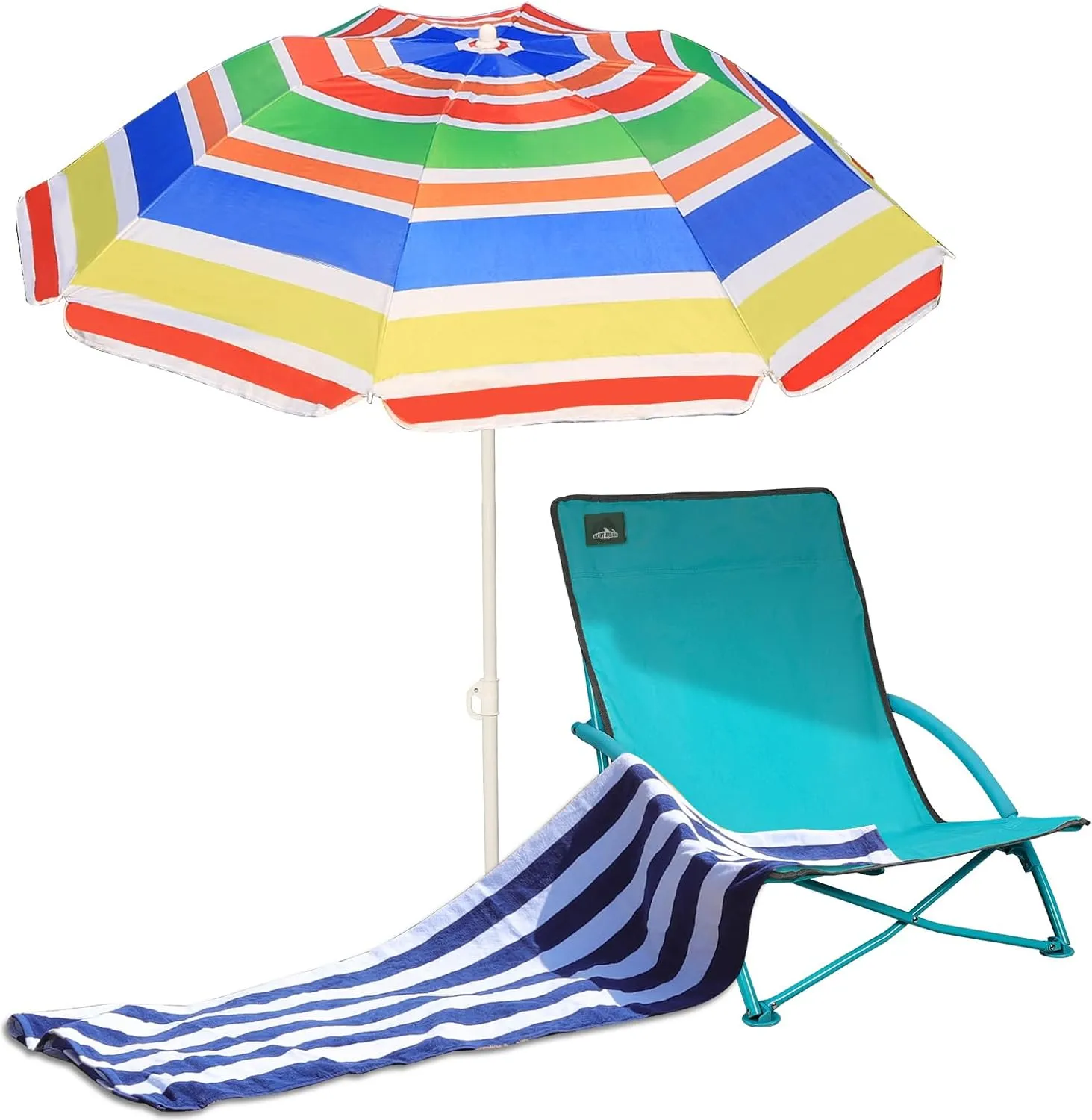 Beach Folding Chair Sets, with 1 Umbrella, Outdoor Low Seat Camping Chair, Beach Towel for Sand Camping Travel Outdoor Pool, Blue