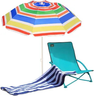 Beach Folding Chair Sets, with 1 Umbrella, Outdoor Low Seat Camping Chair, Beach Towel for Sand Camping Travel Outdoor Pool, Blue