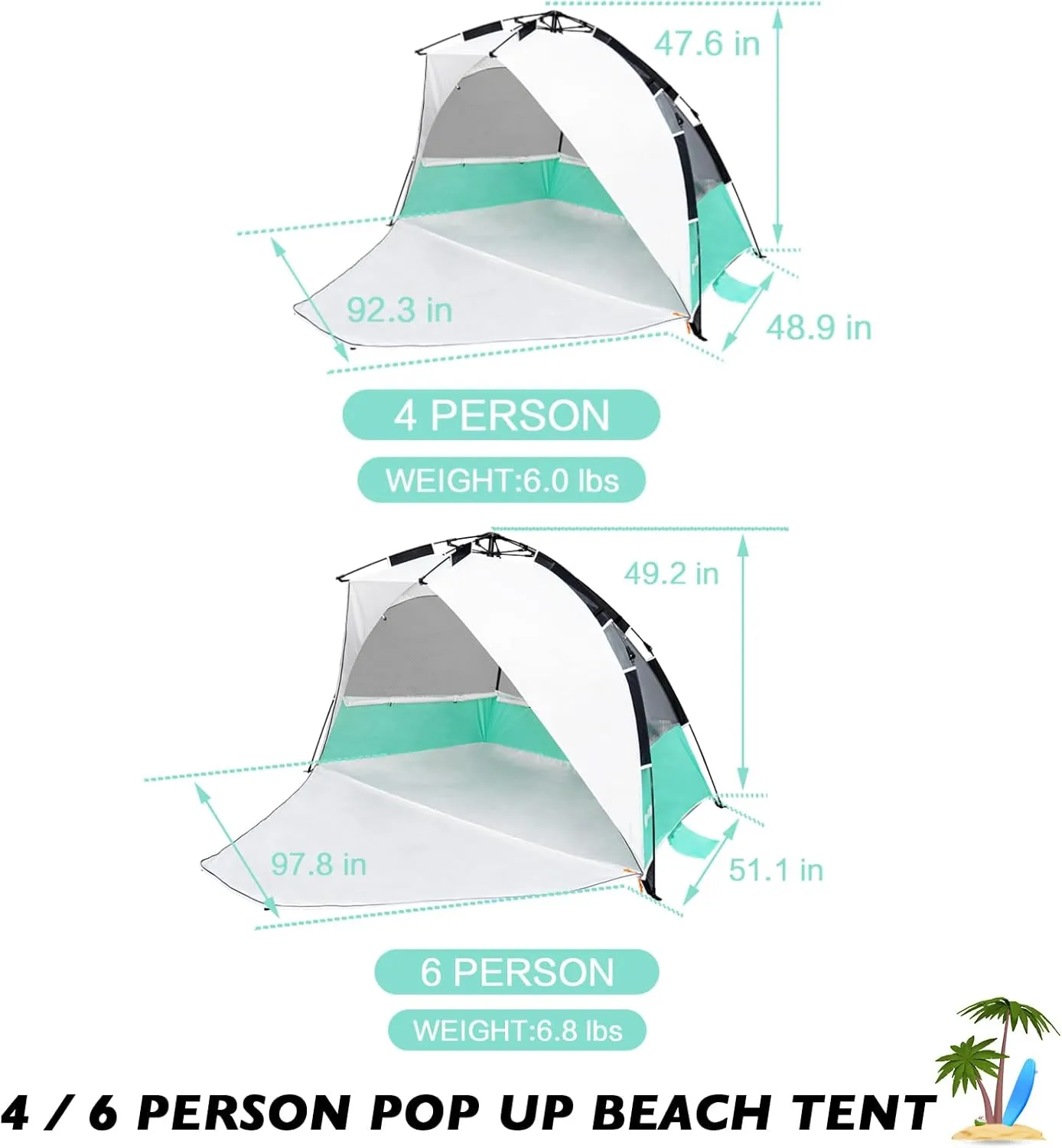 Beach Tent Pop Up Shade, Instant Beach Tents Sun Shelter with UPF 50  UV Protection, Lightweight & Easy Setup Tent 2-6 Person