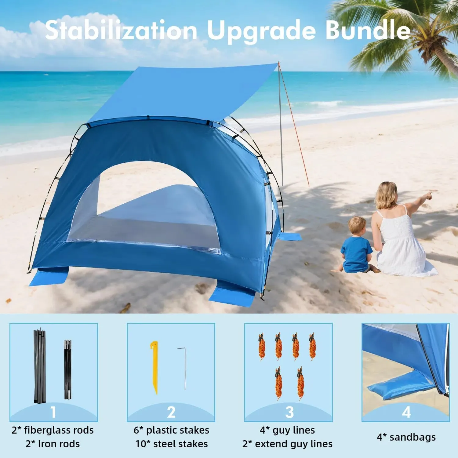 Beach Tent, Portable Sun Shelter for 2/3/4/6-8 Person with UPF 50  UV Protection, Easy Setup Waterproof Beach Shade Canopy Cabana for Family Outdoor and Picnics, Fishing with Carrying Bag