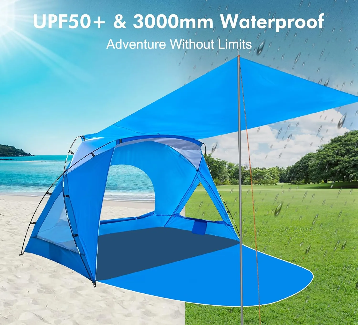 Beach Tent, Portable Sun Shelter for 2/3/4/6-8 Person with UPF 50  UV Protection, Easy Setup Waterproof Beach Shade Canopy Cabana for Family Outdoor and Picnics, Fishing with Carrying Bag