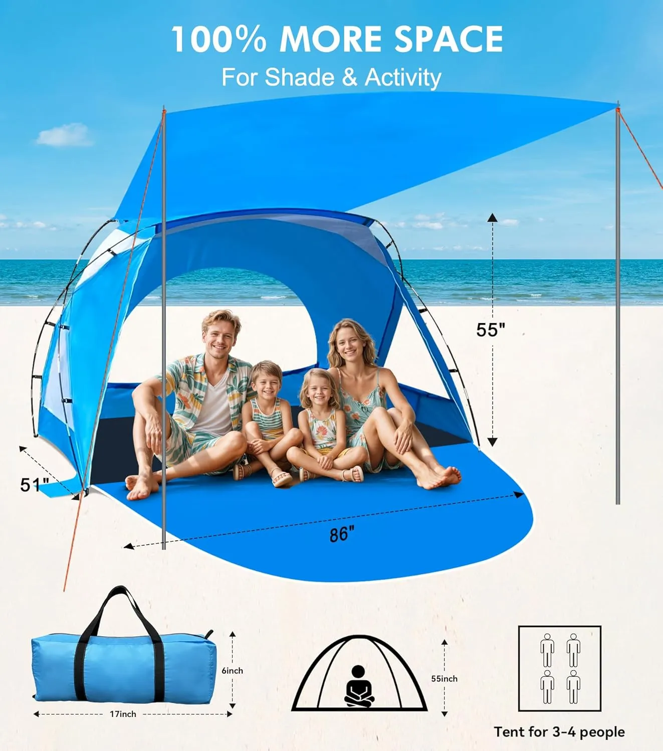 Beach Tent, Portable Sun Shelter for 2/3/4/6-8 Person with UPF 50  UV Protection, Easy Setup Waterproof Beach Shade Canopy Cabana for Family Outdoor and Picnics, Fishing with Carrying Bag