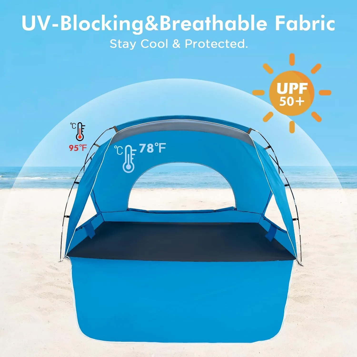 Beach Tent, Portable Sun Shelter for 2/3/4/6-8 Person with UPF 50  UV Protection, Easy Setup Waterproof Beach Shade Canopy Cabana for Family Outdoor and Picnics, Fishing with Carrying Bag