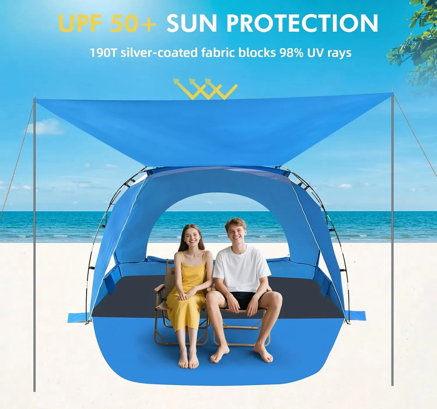 Beach Tent, Portable Sun Shelter for 2/3/4/6-8 Person with UPF 50  UV Protection, Easy Setup Waterproof Beach Shade Canopy Cabana for Family Outdoor and Picnics, Fishing with Carrying Bag