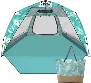 Beach Tent Sun Shelter for 4-6 Person - Pop Up Beach Tent UPF 50＋ UV Protection, Lightweight and Easy Setup Cabana, Extendable Floor with 3 Ventilating Windows, Carrying Bag