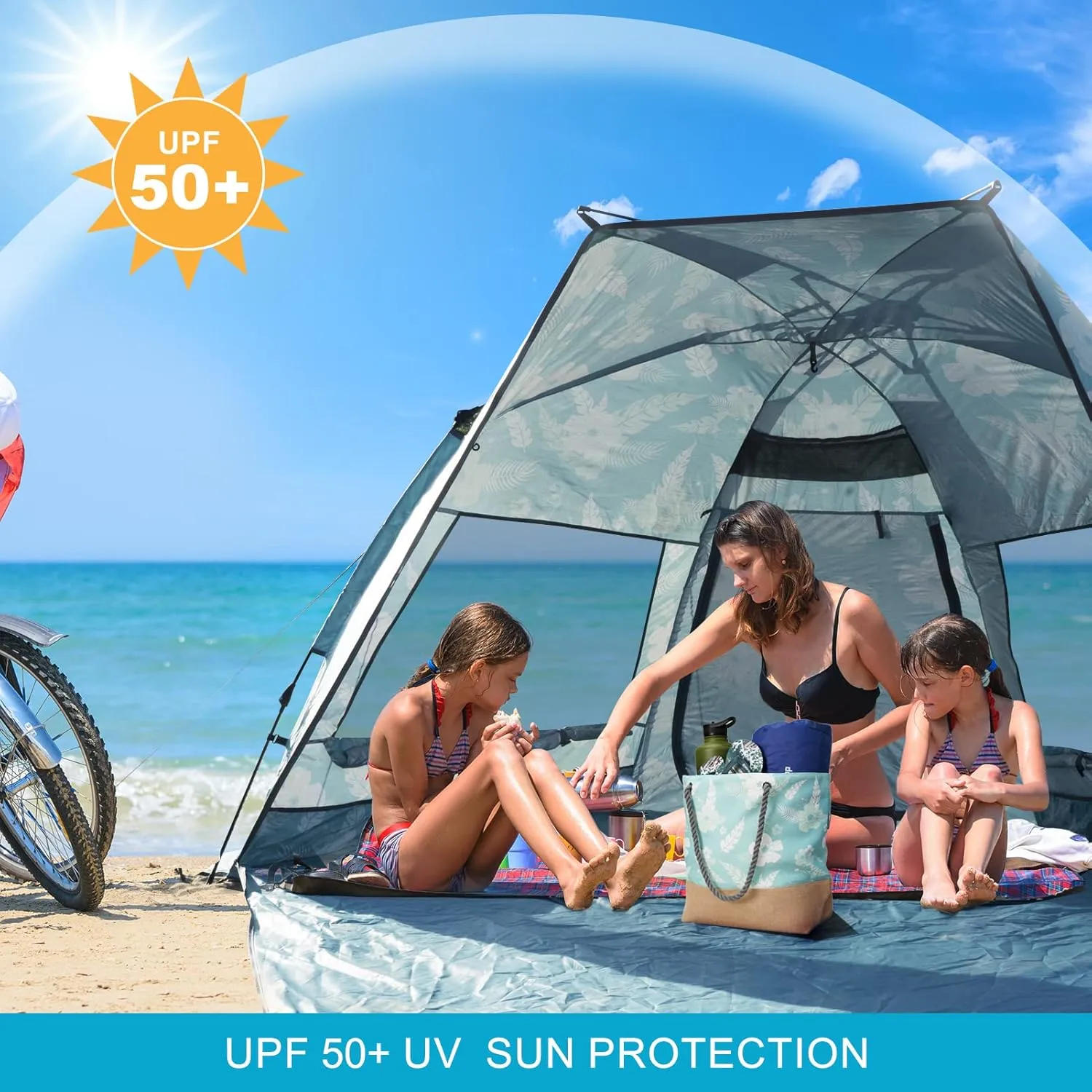Beach Tent Sun Shelter for 4-6 Person - Pop Up Beach Tent UPF 50＋ UV Protection, Lightweight and Easy Setup Cabana, Extendable Floor with 3 Ventilating Windows, Carrying Bag