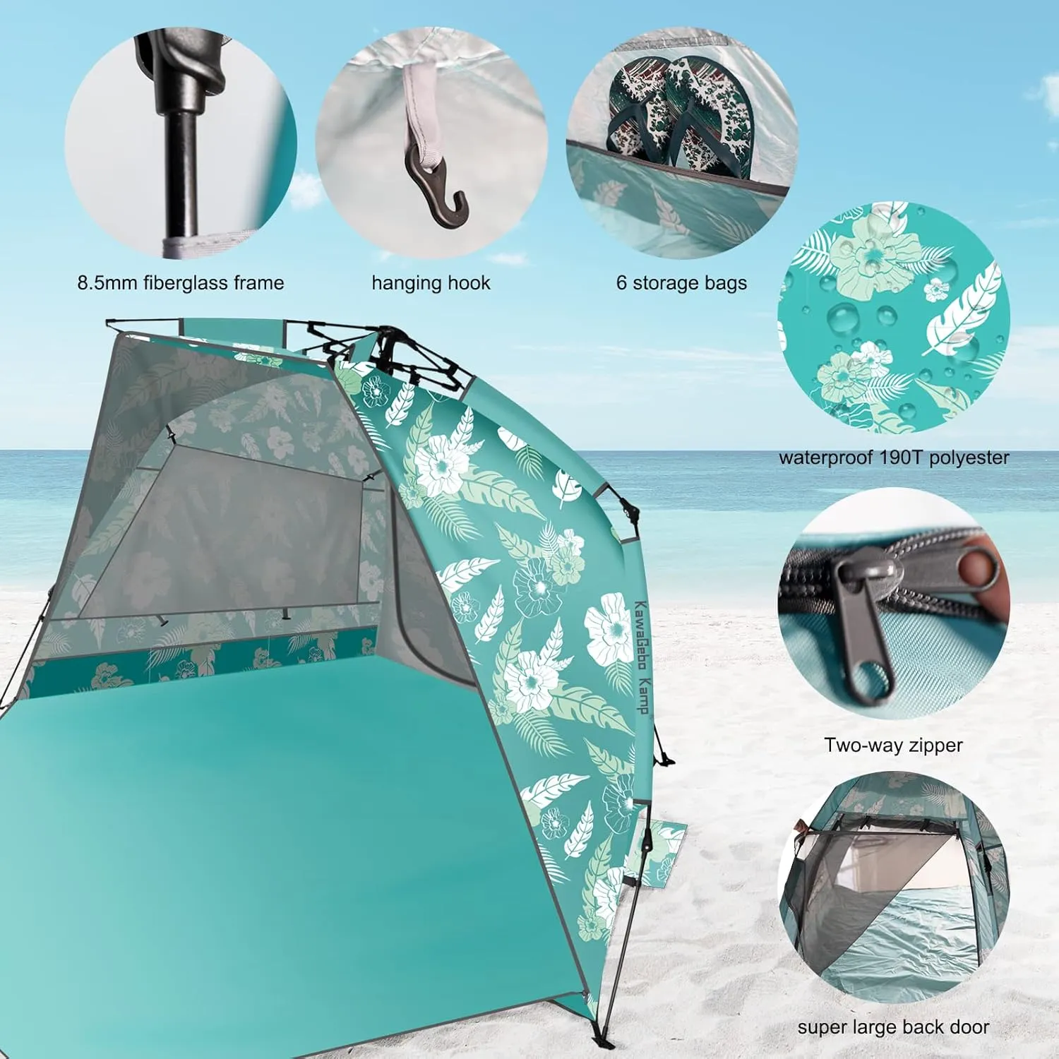 Beach Tent Sun Shelter for 4-6 Person - Pop Up Beach Tent UPF 50＋ UV Protection, Lightweight and Easy Setup Cabana, Extendable Floor with 3 Ventilating Windows, Carrying Bag