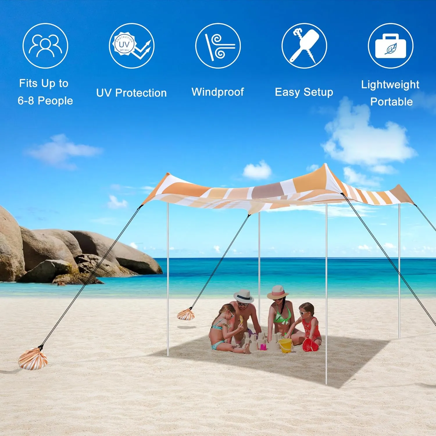 Beach Tent, UPF 50  Beach Canopy Sun Shade, Portable 10×10 FT Large Pop-Up Beach Tent Sun Shelter with Sand Anchors, Ground Pegs, Easy Setup for Beach, Camping, Park, and Backyard Fun - Sunflower