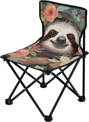 Beautiful Sloths and Flowers Portable Outdoor Folding Chair Anti-Slip Padded Oxford Cloth Stool Camping Chair Small for Beach Hiking Fishing Gardening Quad Camp Chair