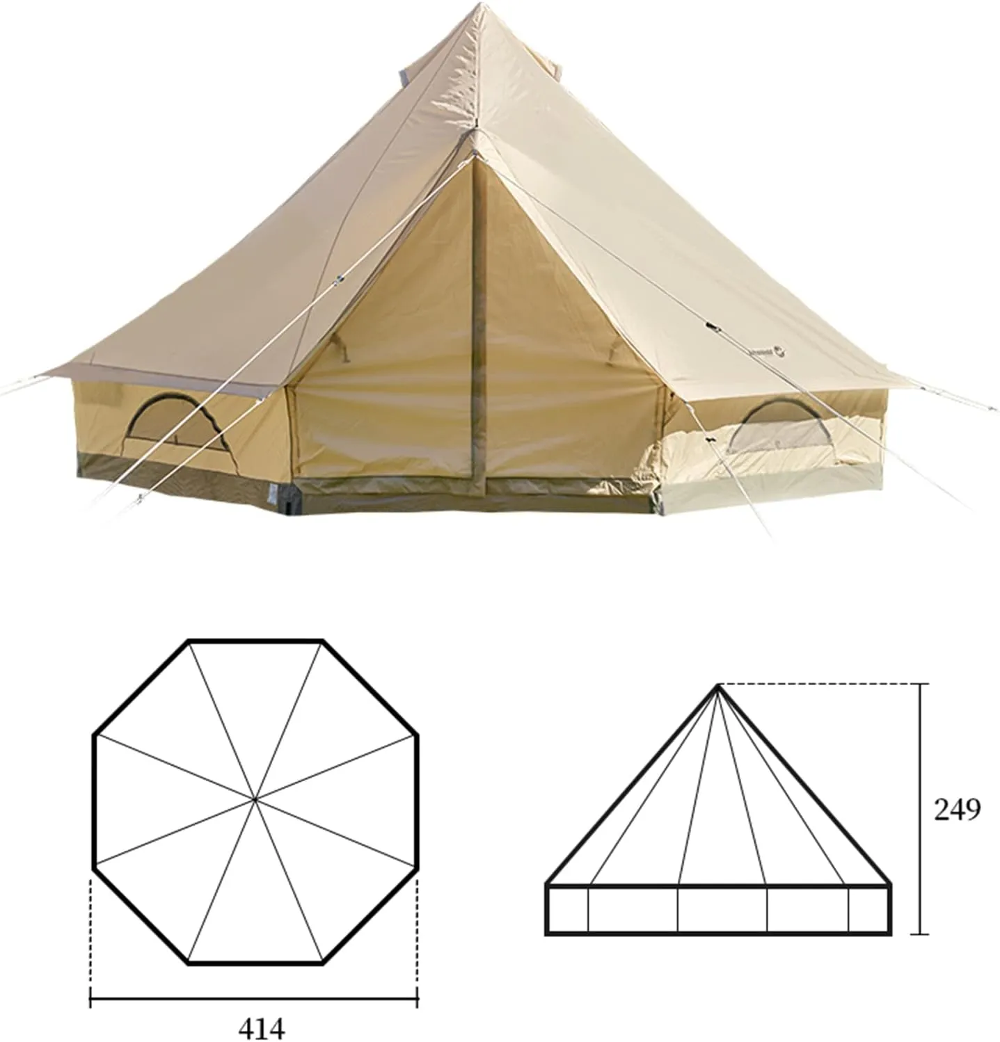 Bell Tent, Luxury Outdoor Camping and Glamping Yurt Tent, 4 Season, Waterproof, Octagonal, 414X414X249CM, 8 Person