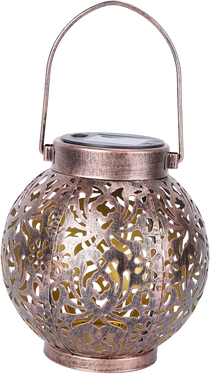 BESPORTBLE Solar Garden Light Elegant Brown Iron Hollow-Out Led Lantern for Outdoor Tabletop Hanging Decor for Patios Porches and Gardens Solar-Powered Lighting