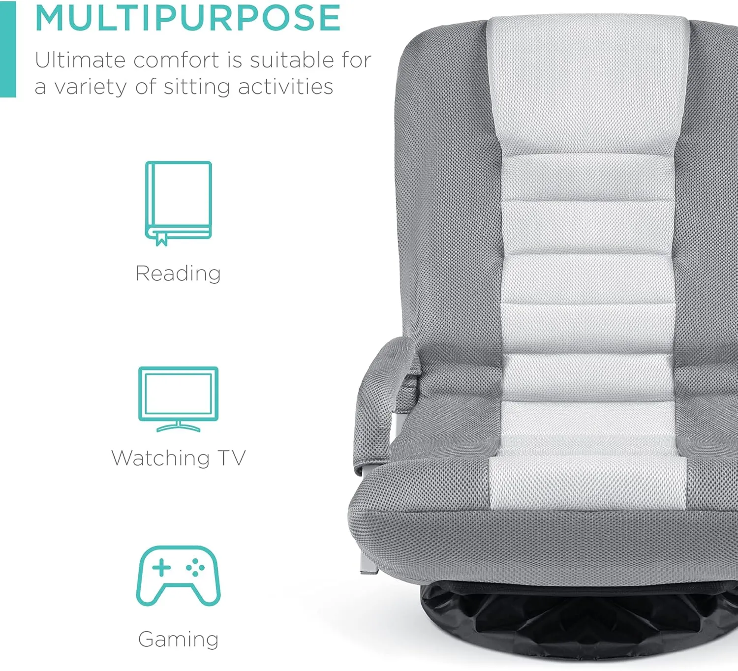 Best Choice Products Swivel Gaming Chair 360 Degree Multipurpose Floor Chair Rocker for TV, Reading, Playing Video Games w/Lumbar Support, Armrest Handles, Adjustable Foldable Backrest - Gray/White
