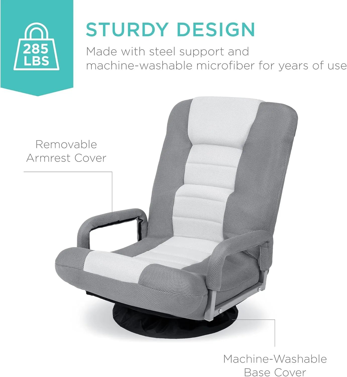 Best Choice Products Swivel Gaming Chair 360 Degree Multipurpose Floor Chair Rocker for TV, Reading, Playing Video Games w/Lumbar Support, Armrest Handles, Adjustable Foldable Backrest - Gray/White