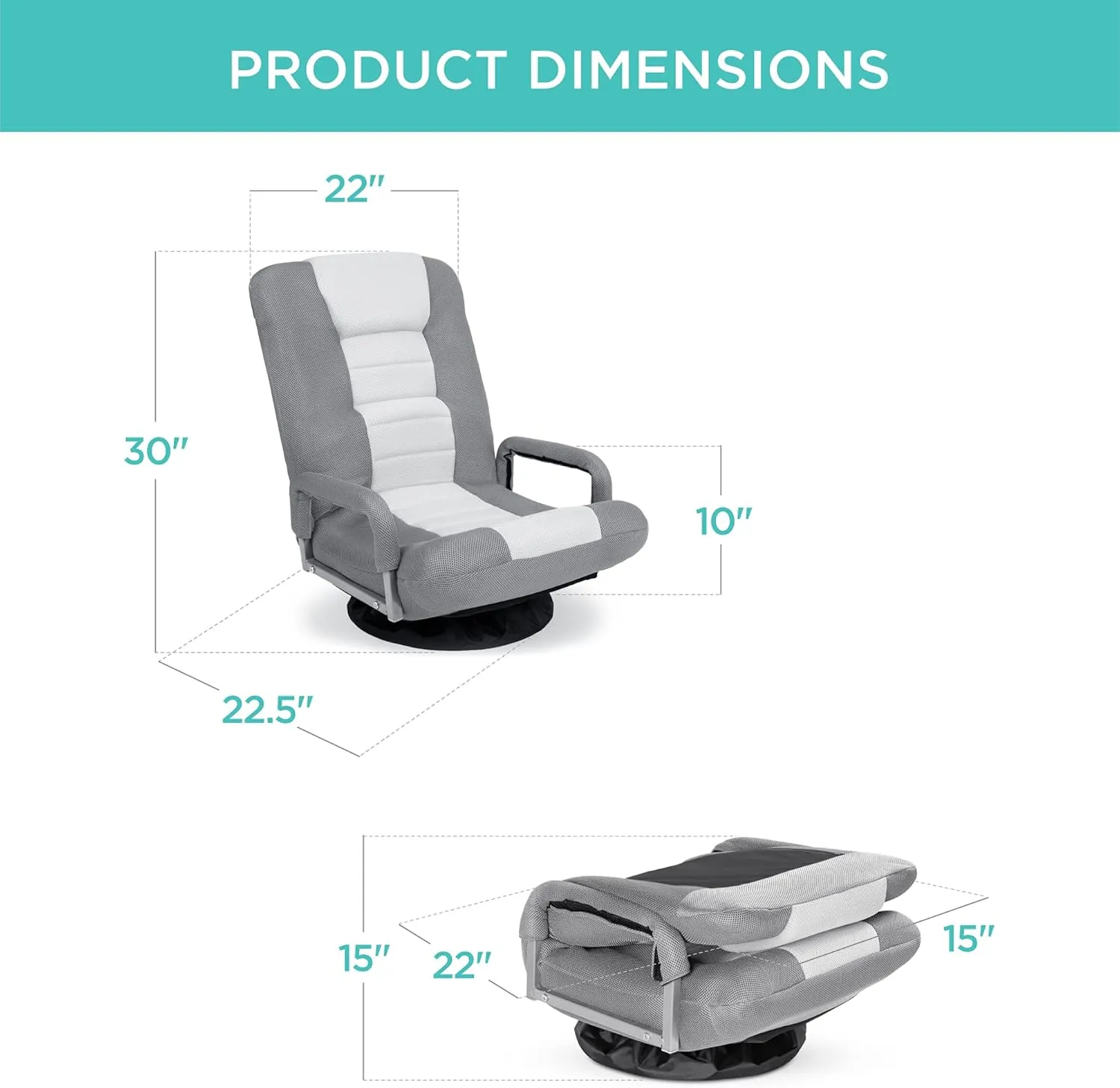 Best Choice Products Swivel Gaming Chair 360 Degree Multipurpose Floor Chair Rocker for TV, Reading, Playing Video Games w/Lumbar Support, Armrest Handles, Adjustable Foldable Backrest - Gray/White