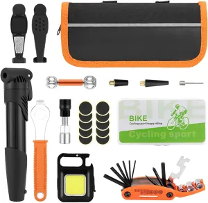 Bicycle Repair Bag With Tire Pump, Portable Tool Kit for Camping Travel - Patches, Inflator, Maintenance Essentials All in One Safety Kit   FREE Recargable LED Light, Black - Orange