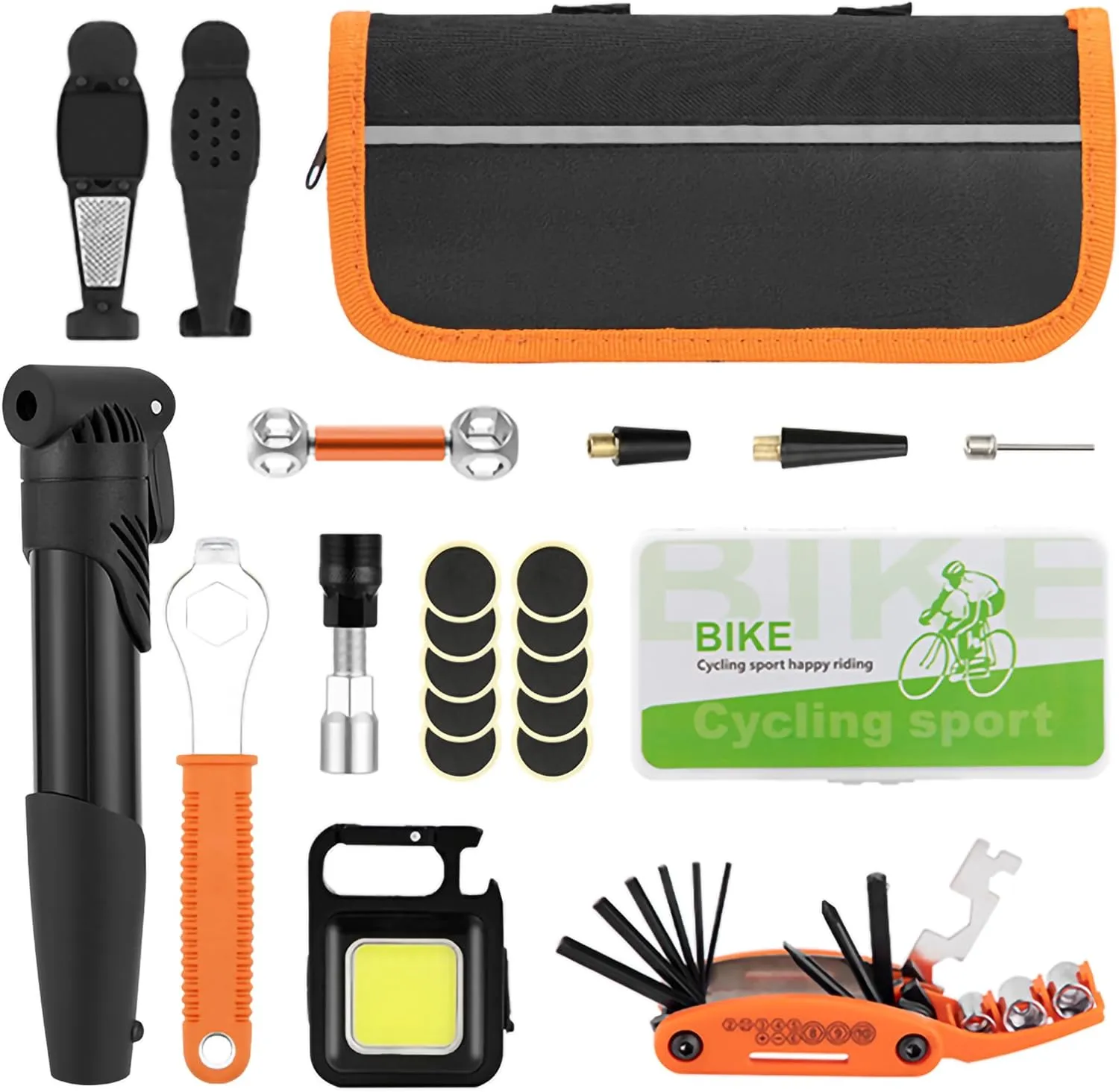 Bicycle Repair Bag With Tire Pump, Portable Tool Kit for Camping Travel - Patches, Inflator, Maintenance Essentials All in One Safety Kit   FREE Recargable LED Light, Black - Orange