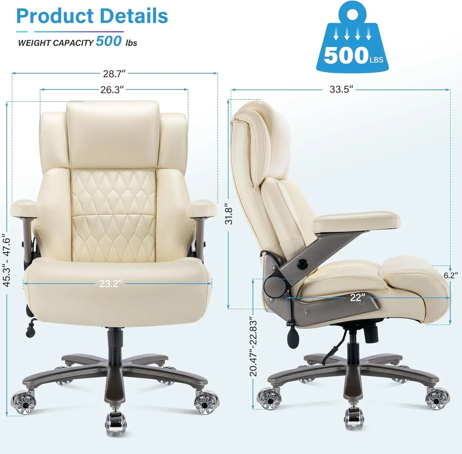 Big and Tall 500lbs Office Chair - Adjustable Lumbar Support 3D Flip Arms Heavy Duty Metal Base&Wheels, High Back Large Executive Computer Desk Chair, Thick Padded Ergonomic Design for Back Pain